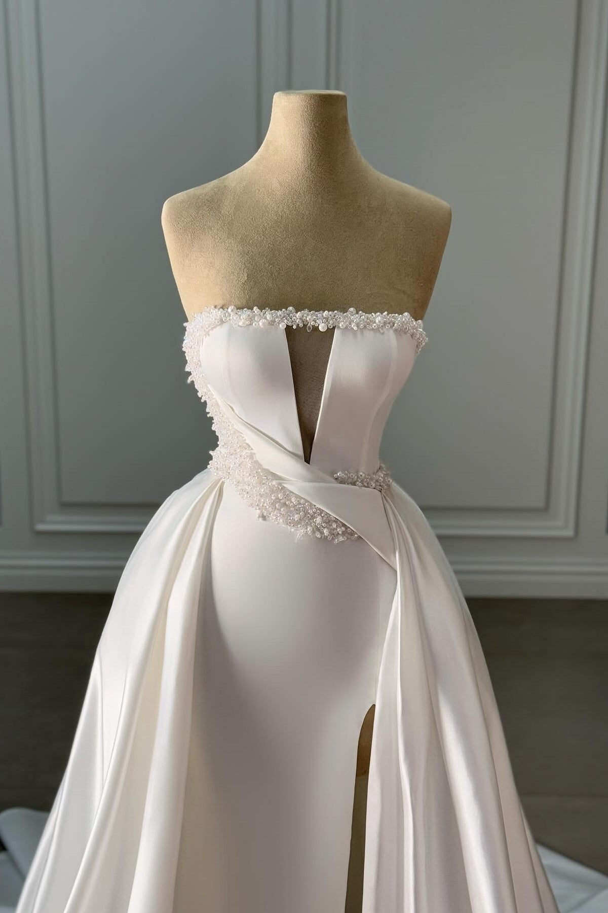 White Wedding Dress Strapless Sleeveless Beaded Panel Train Ruffle Satin Bridal Gown With Slit