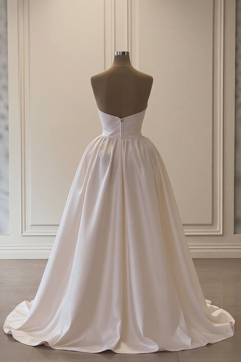 White Wedding Dress Strapless Sleeveless Beaded Panel Train Ruffle Satin Bridal Gown With Slit
