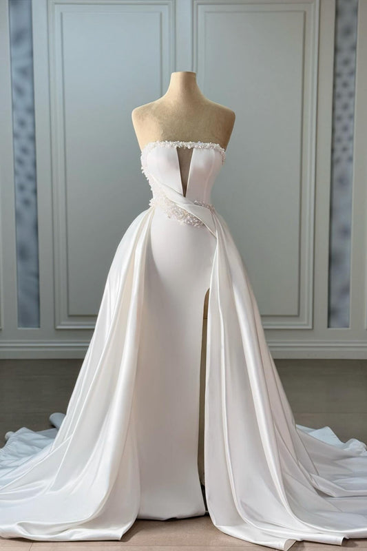 White Wedding Dress Strapless Sleeveless Beaded Panel Train Ruffle Satin Bridal Gown With Slit