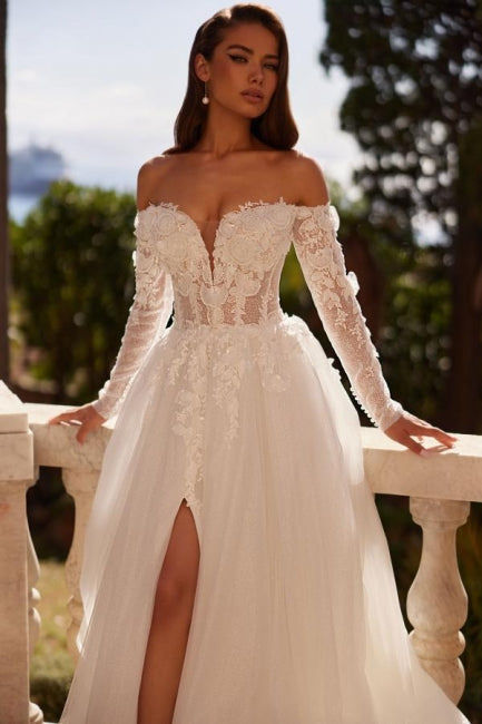 White Wedding Dress A Line Off The Shoulder Sleeve Tulle Bridal Gown With Appliques