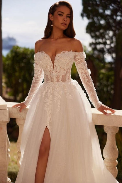 White Wedding Dress A Line Off The Shoulder Sleeve Tulle Bridal Gown With Appliques