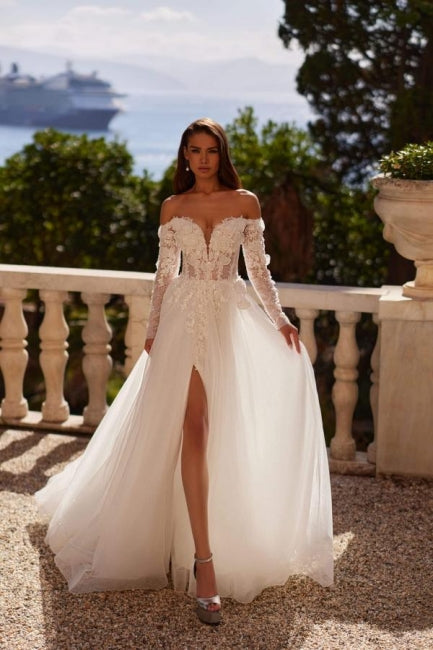 White Wedding Dress A Line Off The Shoulder Sleeve Tulle Bridal Gown With Appliques