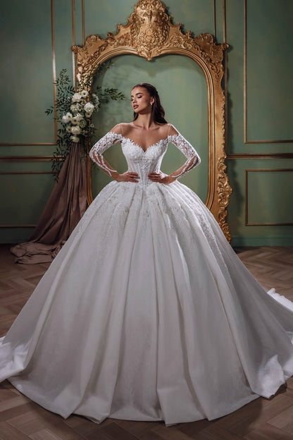 White Wedding Dress Sweetheart Off The Shoulder Beaded Sequined Lace Sleeves Ball Gown Bridal Gown