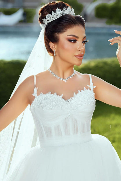 White Wedding Dress Sweetheart Spaghetti Strap Sleeveless Ball Gown Tulle Bridal Gown