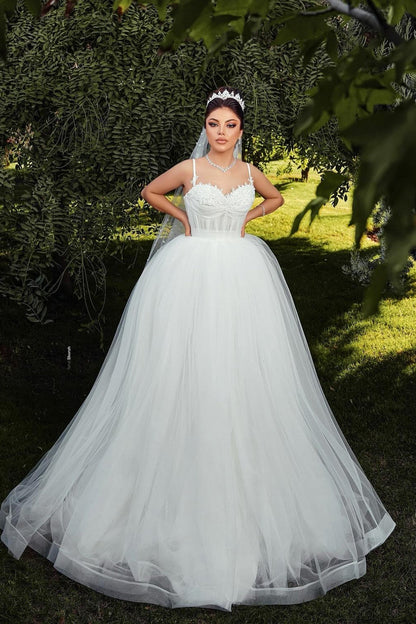 White Wedding Dress Sweetheart Spaghetti Strap Sleeveless Ball Gown Tulle Bridal Gown
