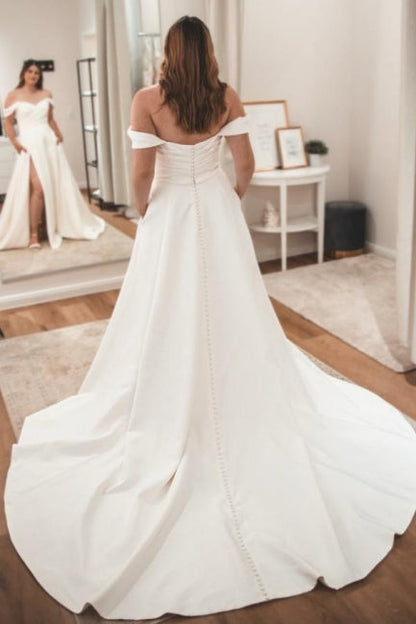 White Wedding Dress Sweetheart V Neck Off The Shoulder A Line Sleeveless Sweep Train Satin Bridal Gown