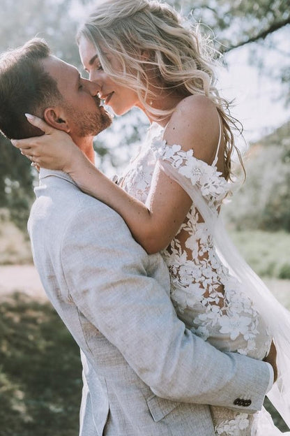 White Wedding Dress V Neck Lace Mermaid Spaghetti Strap Off The Shoulder Cap Sleeves Bridal Gown