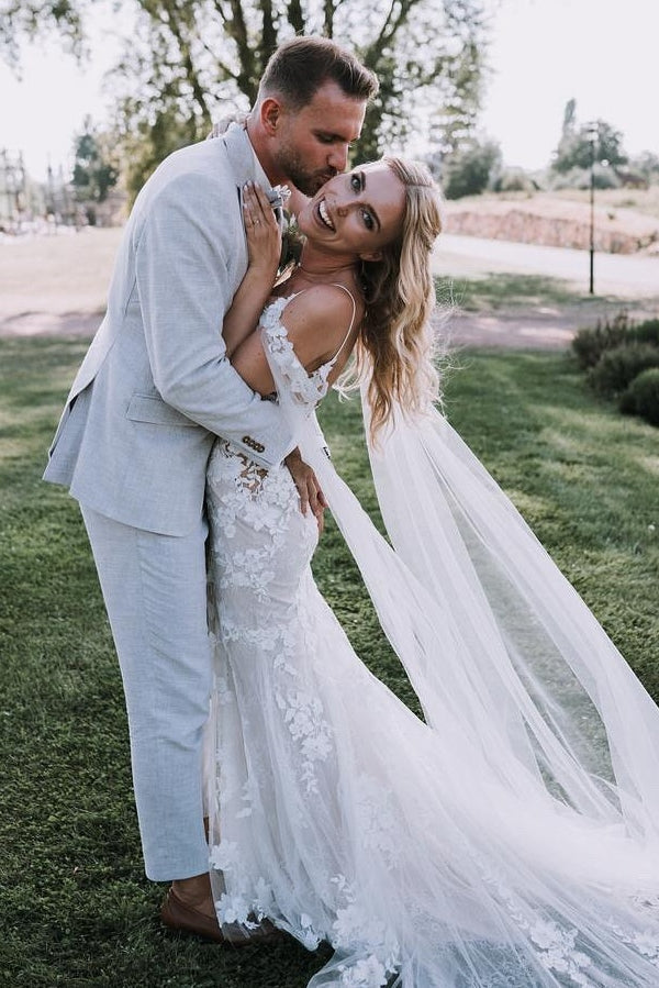 White Wedding Dress V Neck Lace Mermaid Spaghetti Strap Off The Shoulder Cap Sleeves Bridal Gown