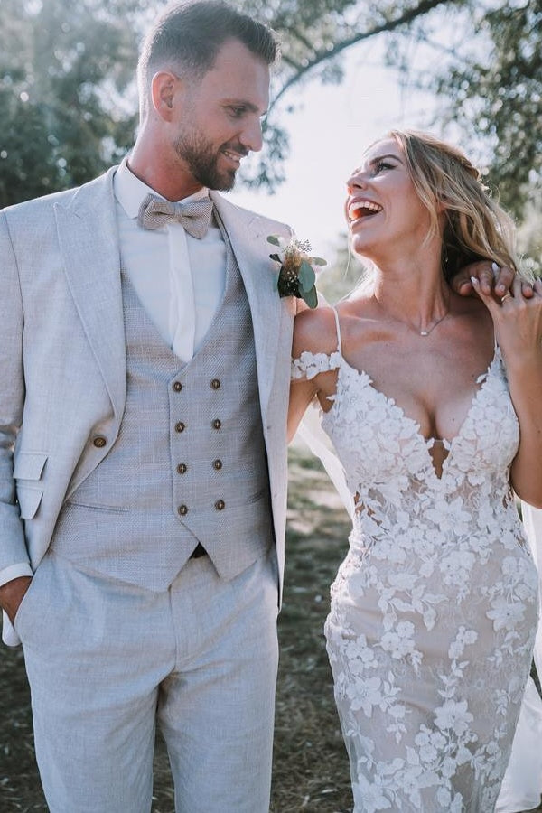 White Wedding Dress V Neck Lace Mermaid Spaghetti Strap Off The Shoulder Cap Sleeves Bridal Gown