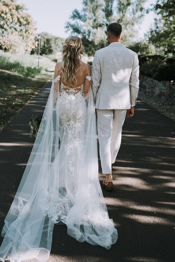 White Wedding Dress V Neck Lace Mermaid Spaghetti Strap Off The Shoulder Cap Sleeves Bridal Gown