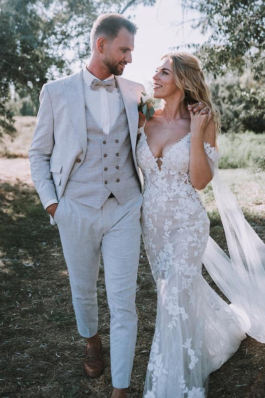 White Wedding Dress V Neck Lace Mermaid Spaghetti Strap Off The Shoulder Cap Sleeves Bridal Gown