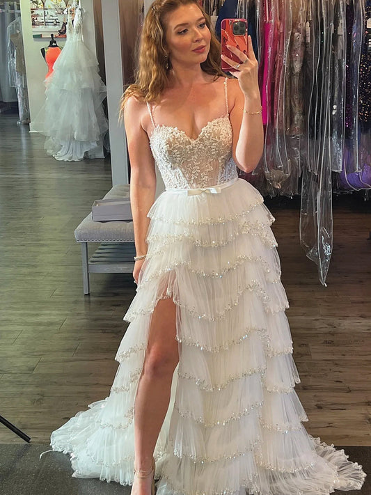 White Blue Floral Sequined Multi Layers Long Prom Dress