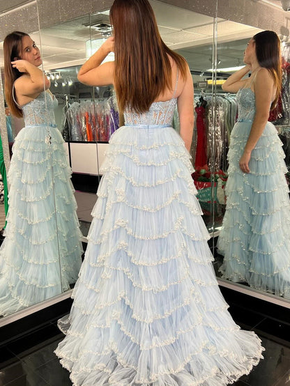 White Blue Floral Sequined Multi Layers Long Prom Dress