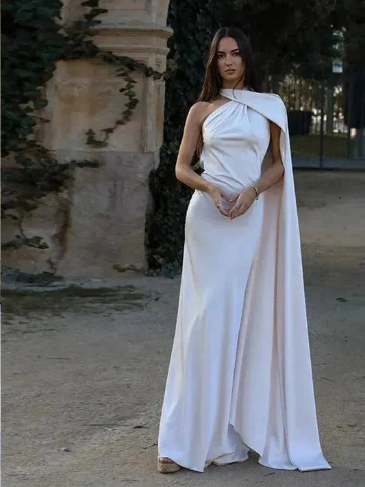 White Elastic Satin Halter Shawl Mermaid Formal Dress
