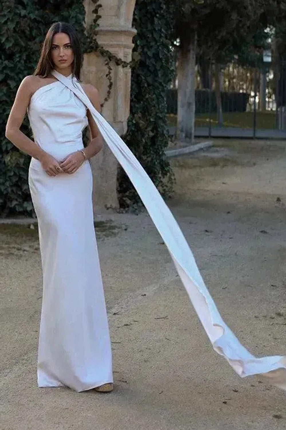 White Elastic Satin Halter Shawl Mermaid Formal Dress