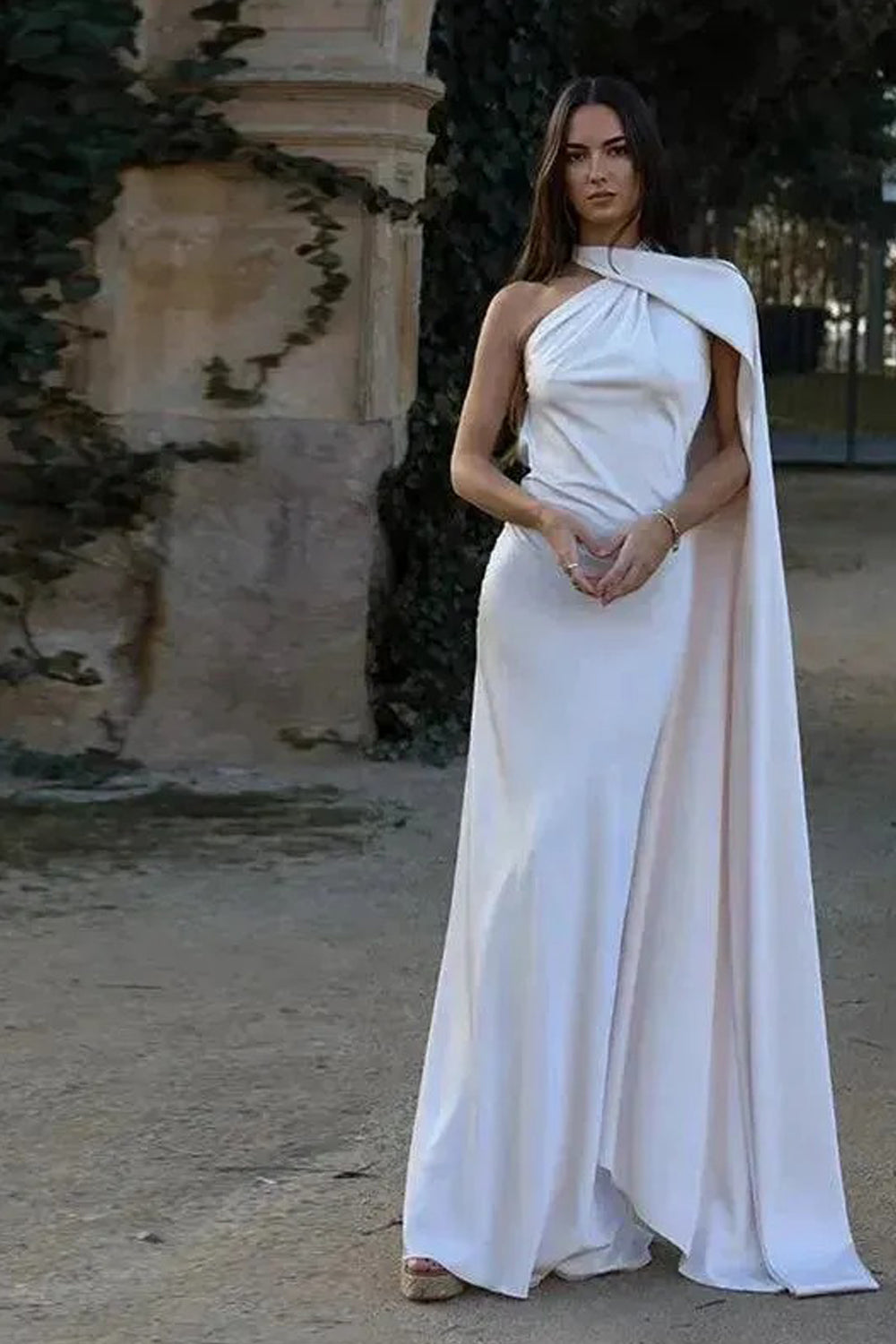 White Elastic Satin Halter Shawl Mermaid Formal Dress