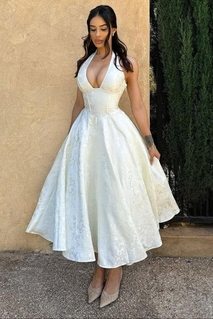 Simple A Line V Neck White Tea Length Party Dress with Corset