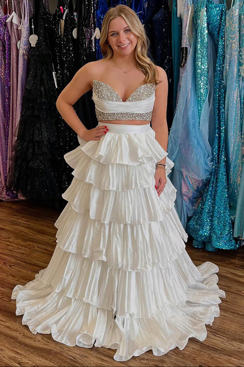White Two-Piece Tiered Ruffle Prom Dress with Crystal Bodice