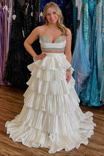 White Two-Piece Tiered Ruffle Prom Dress with Crystal Bodice