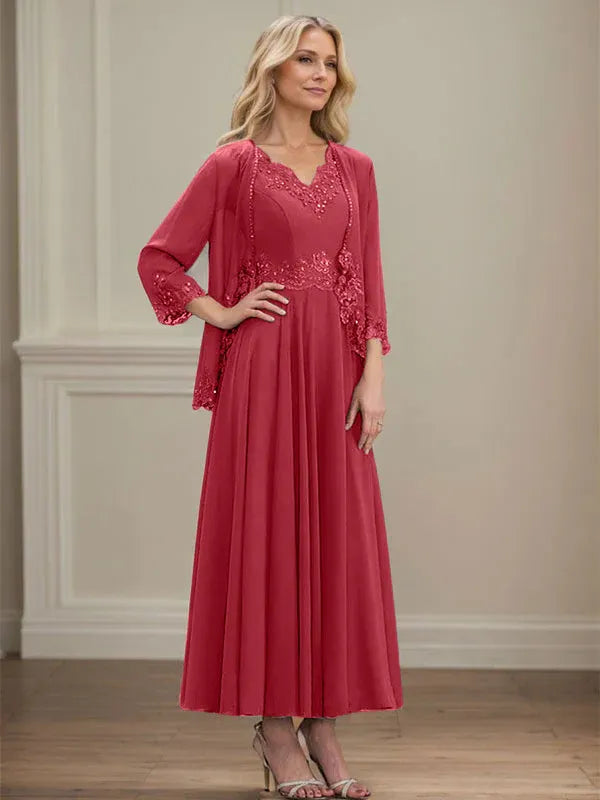 A-line V-Neck Ankle-Length Chiffon Mother of the Bride Dress