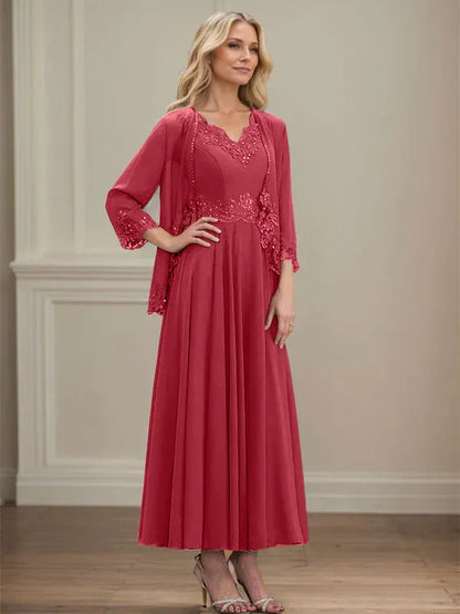 A-line V-Neck Ankle-Length Chiffon Mother of the Bride Dress