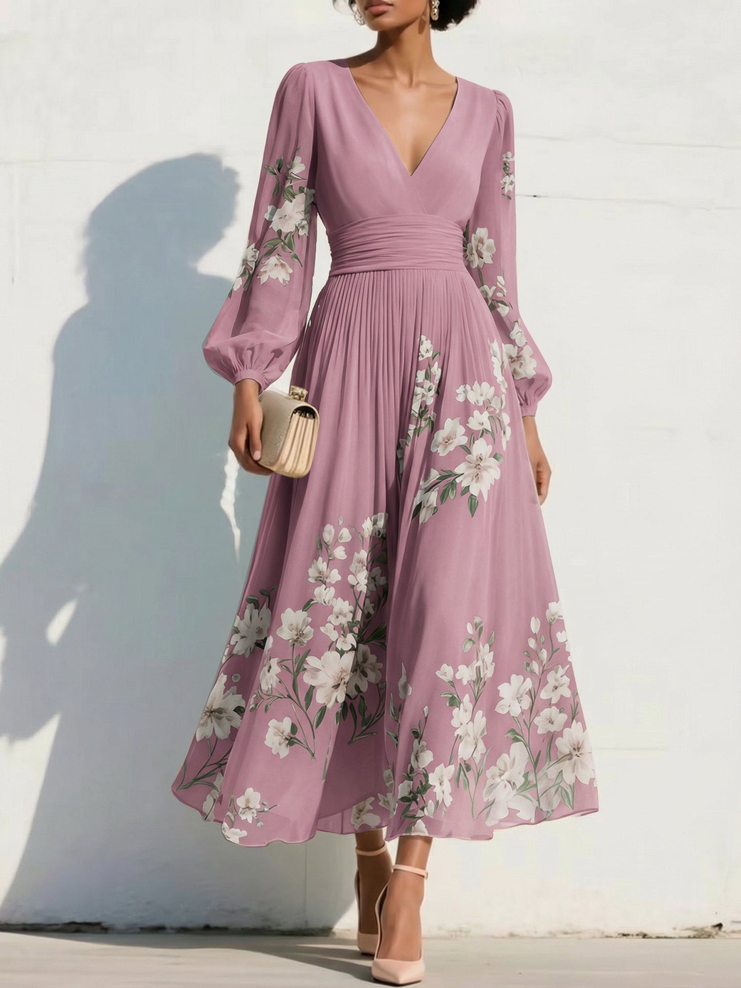 V-Neck Print-Chiffon Pleated Tea-Length Mother of the Bride Dress