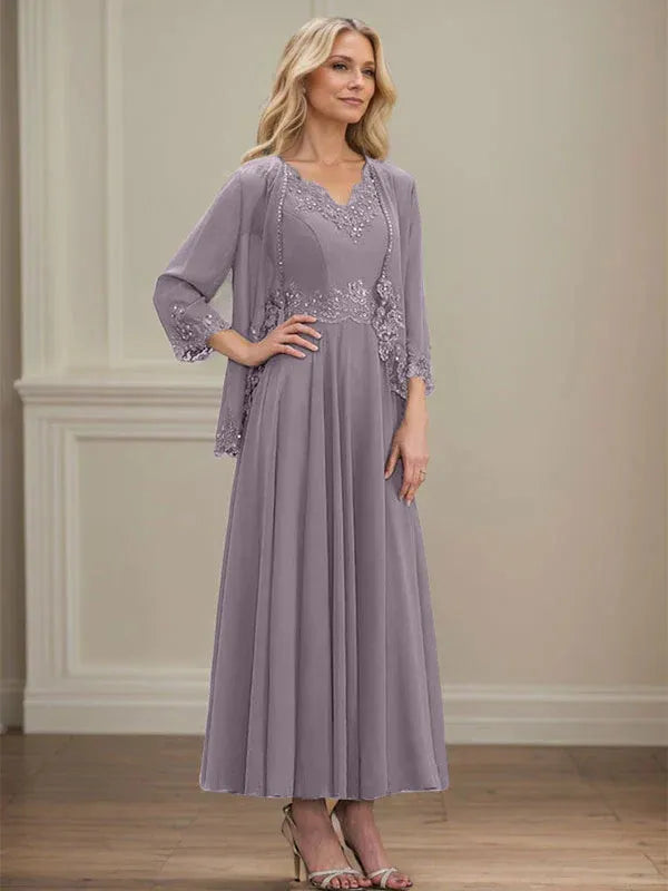 A-line V-Neck Ankle-Length Chiffon Mother of the Bride Dress