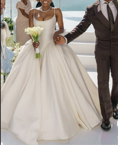 Classy Spaghetti Straps White Satin Long Wedding Dress