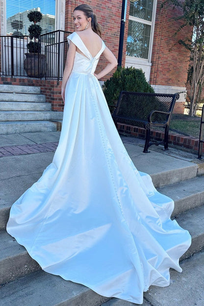 Charming V-Neck A-line Satin Wedding Dresses Sleeveless Long With Buttons Pleats
