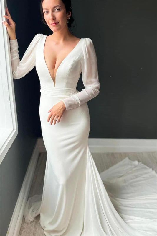 Exquisite V-Neck Long Sleeves Satin Wedding Dress