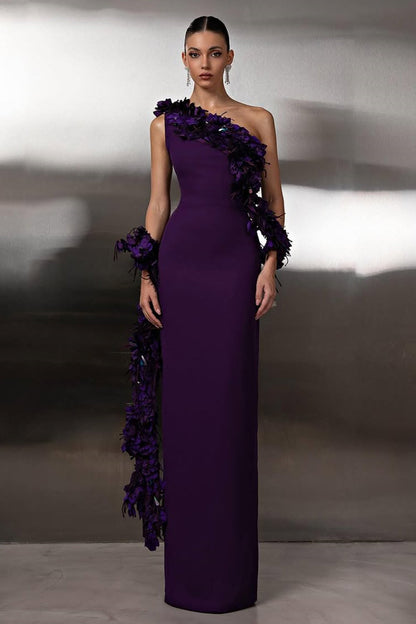 Charming Purple One Shoulder Sleeveless Satin Prom Dress