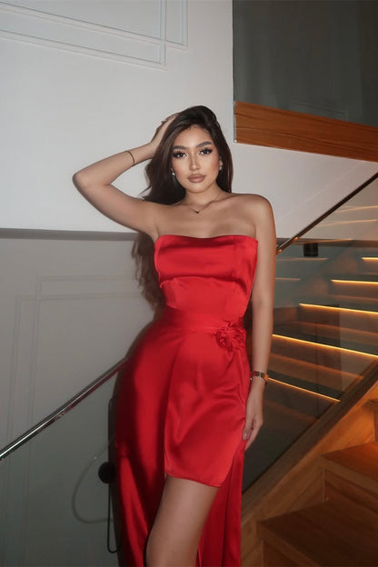 Chic Red Strapless Sleeveless Satin Mini Prom Dress
