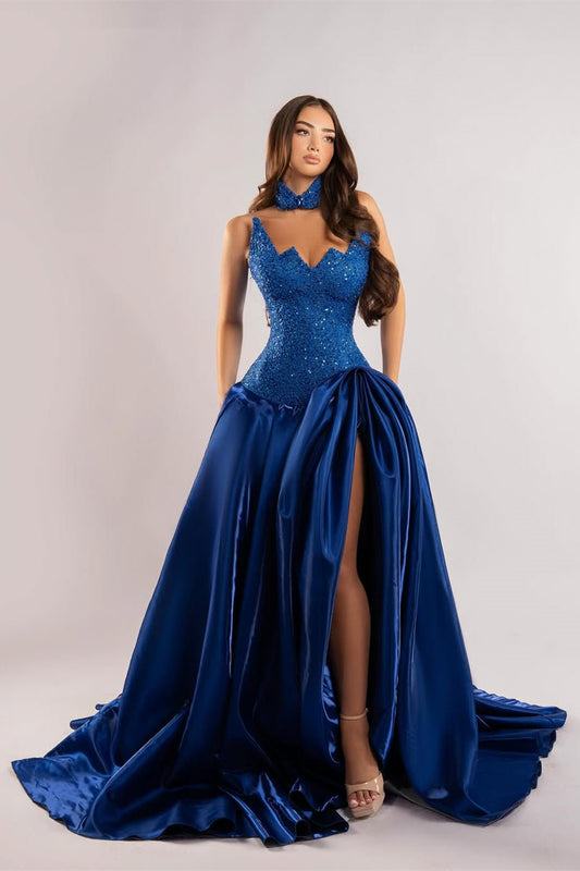 Luxury Royal Blue Strapless Sleeveless Satin Prom Dress