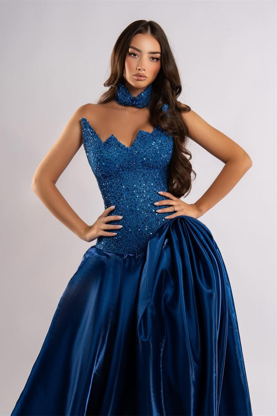 Luxury Royal Blue Strapless Sleeveless Satin Prom Dress