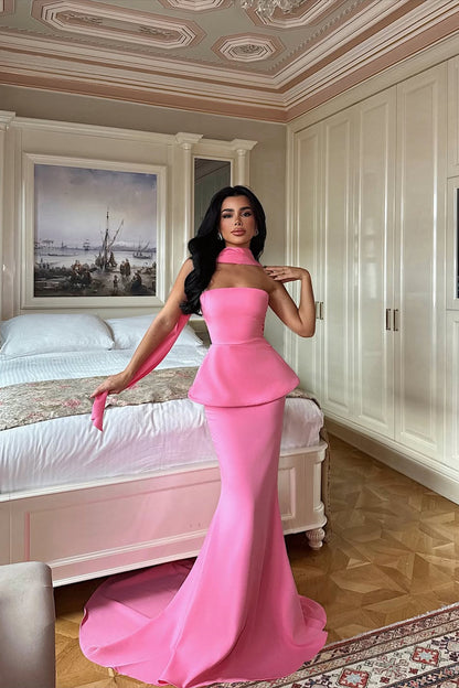 Pretty Flamingo Strapless Sleeveless Satin Mermaid Prom Dress