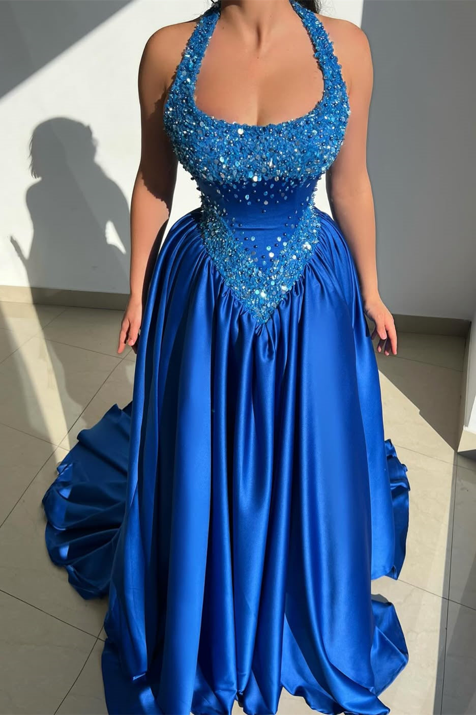 Shining Royal Blue Halter Sleeveless Satin Prom Dress
