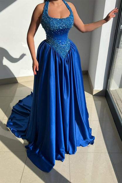 Shining Royal Blue Halter Sleeveless Satin Prom Dress