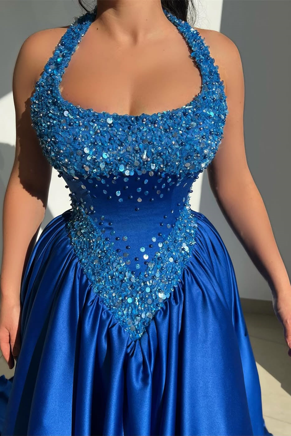 Shining Royal Blue Halter Sleeveless Satin Prom Dress