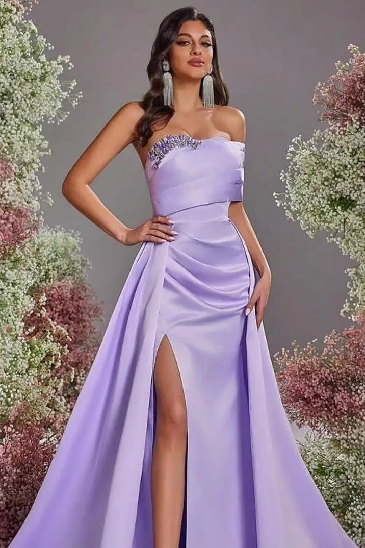 Beautiful Purple Strapless Sleeveless Satin Prom Dresses