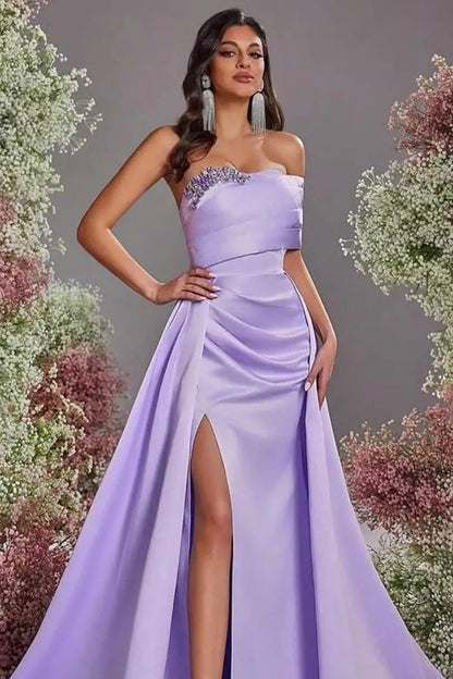 Beautiful Purple Strapless Sleeveless Satin Prom Dresses