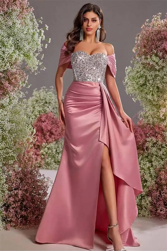 Chic Dusty Rose Sweetheart Off-The-Shoulder Satin Prom Dress