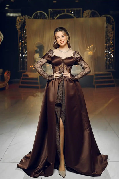 Elegant Chocolate Sweetheart Hi-Lo Satin Lace Prom Dress