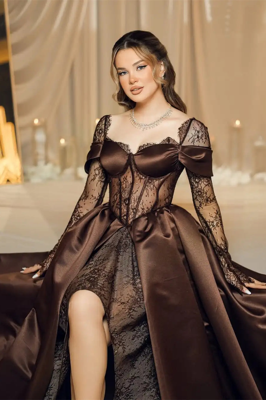 Elegant Chocolate Sweetheart Hi-Lo Satin Lace Prom Dress