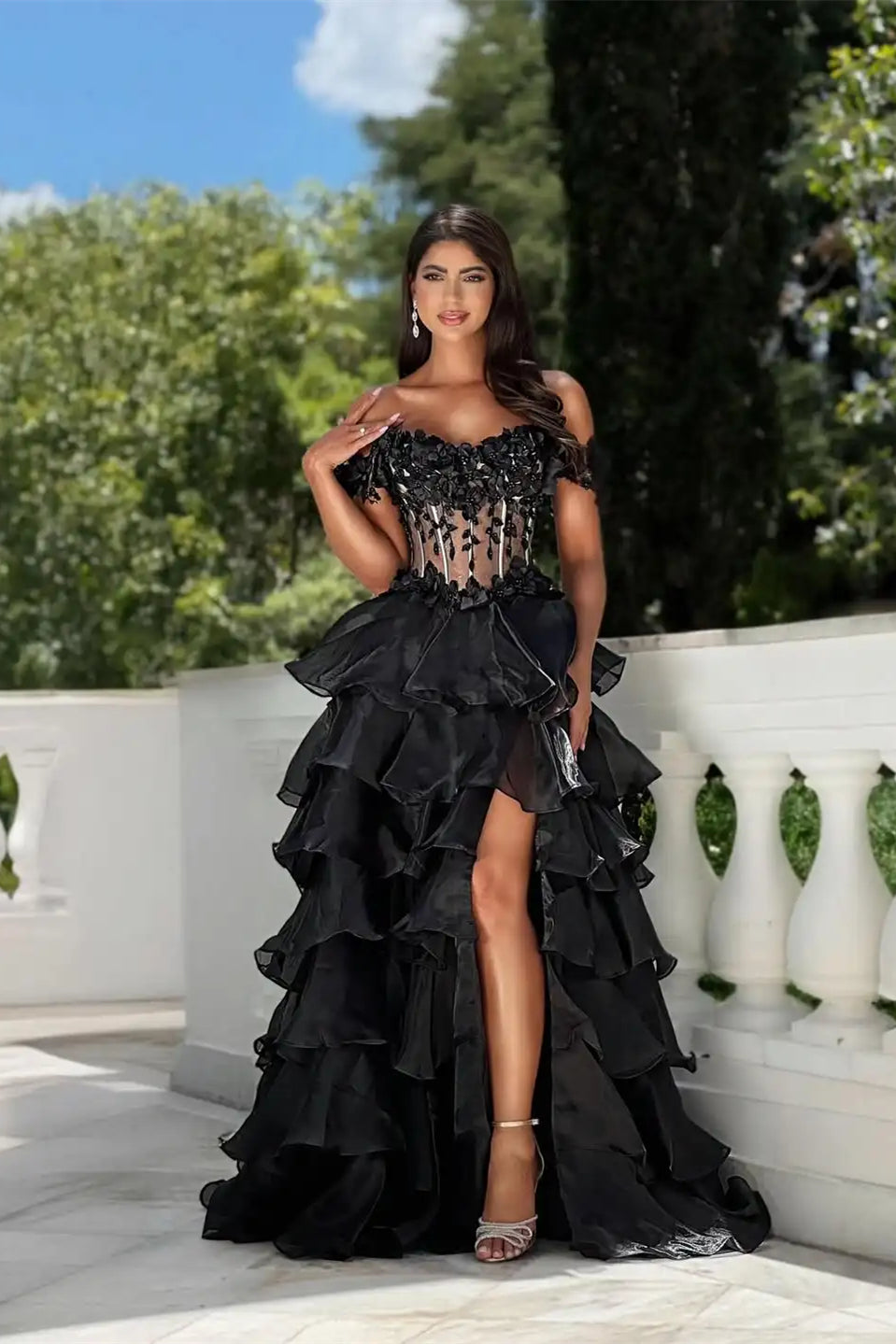 Dazzling Black Off-The-Shoulder A-Line Organza Prom Dress