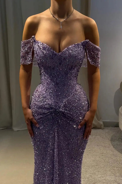 Beautiful Lilac V-Neck Off-The-Shoulder Sequins Prom Dress Mermaid Column With Beads