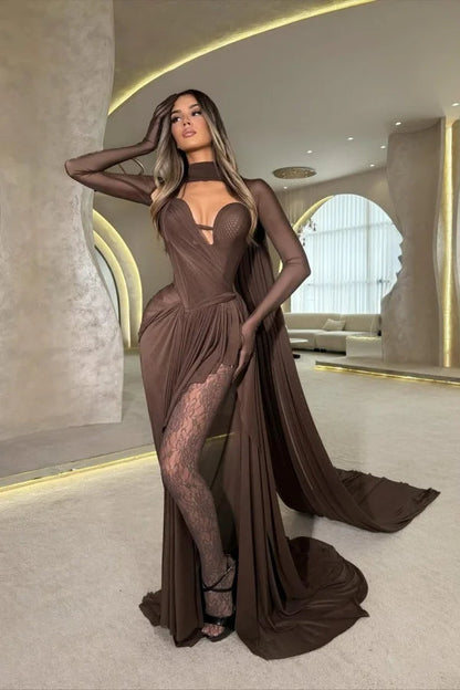 Charming Chocolate V-Neck Long Sleeves Chiffon Lace Prom Dress High Split With Pleats