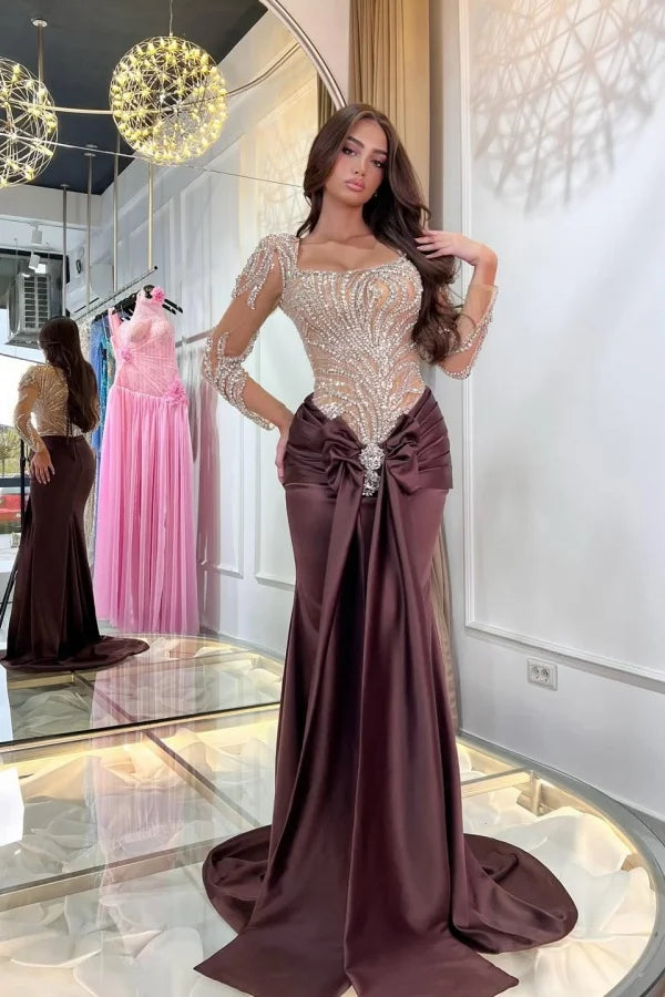 Classy Brown Square Long Sleeves Mermaid Prom Dresses Sheath Gem Long With Pleats