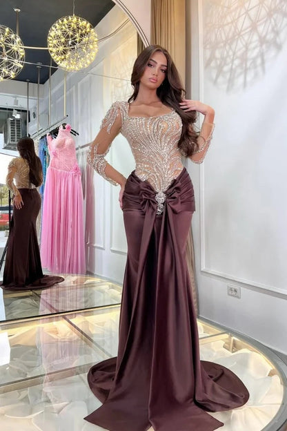 Classy Brown Square Long Sleeves Mermaid Prom Dresses Sheath Gem Long With Pleats