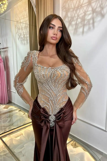 Classy Brown Square Long Sleeves Mermaid Prom Dresses Sheath Gem Long With Pleats