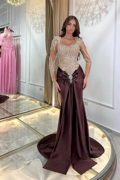 Classy Brown Square Long Sleeves Mermaid Prom Dresses Sheath Gem Long With Pleats
